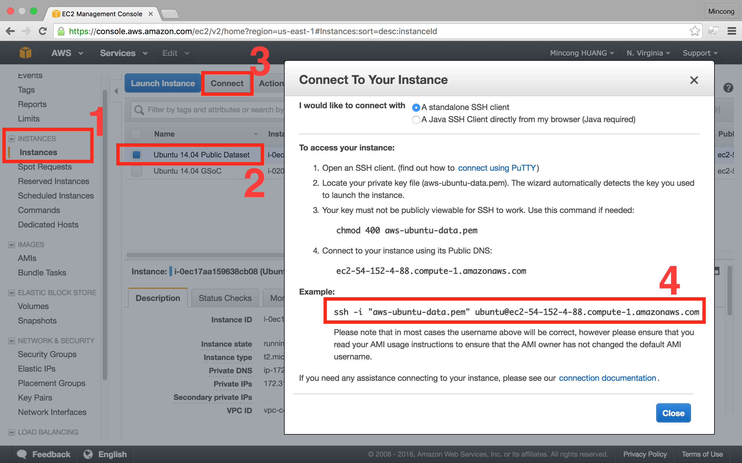 AWS console EC2, connect to instance