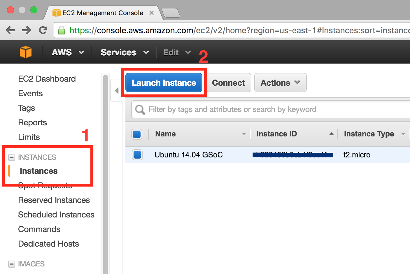 AWS console EC2, create instance step 0