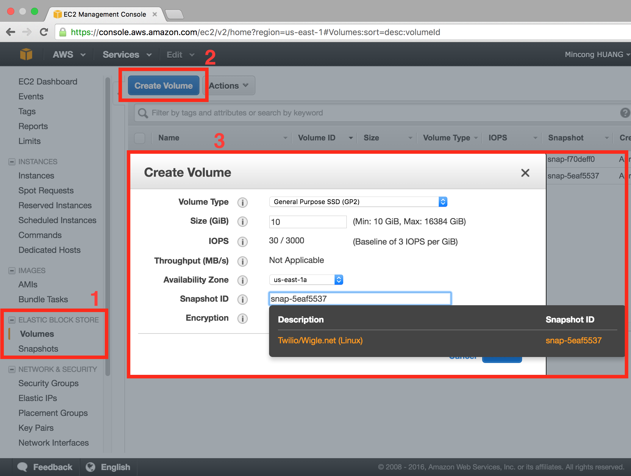 AWS console EC2, create volume