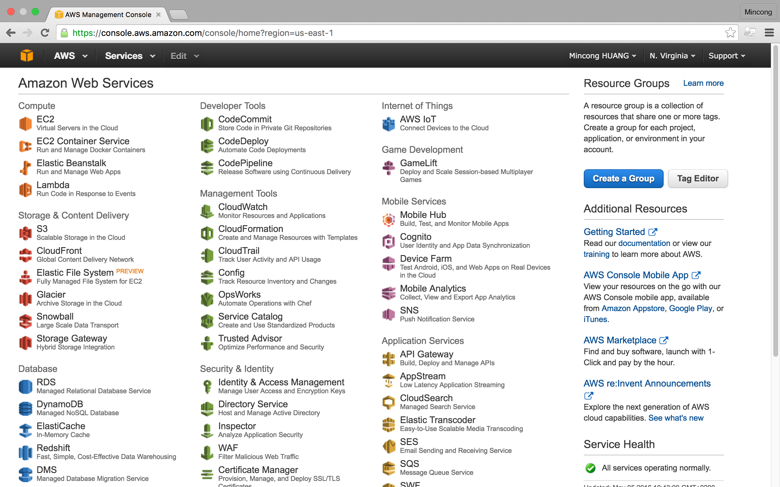 AWS console overview