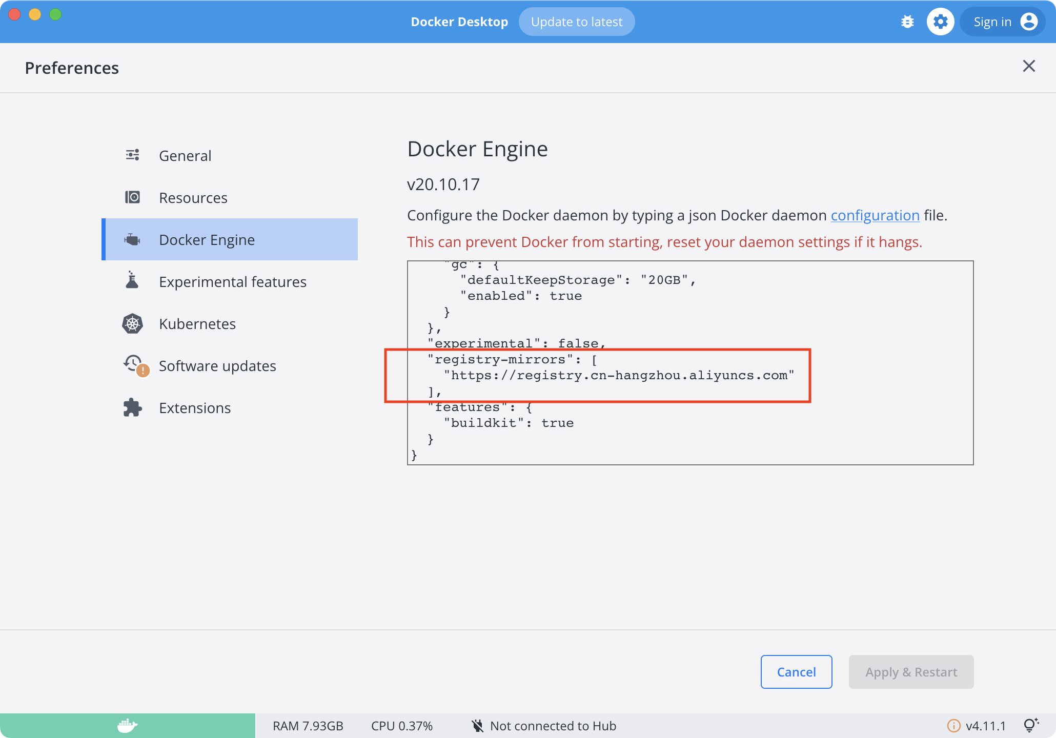 Settings in Docker Desktop for changing the registry mirrors