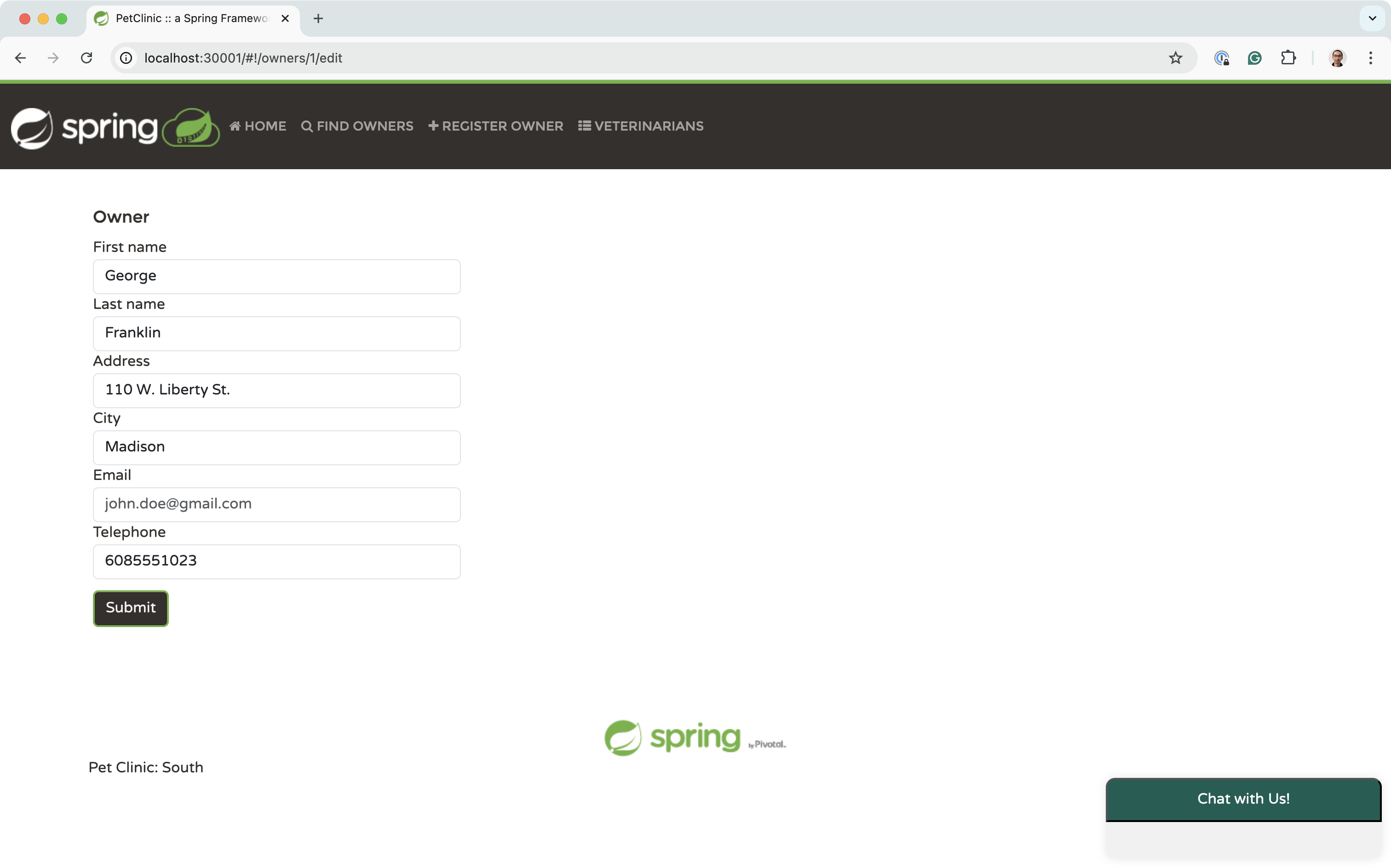 Spring Pet Clinic with email support